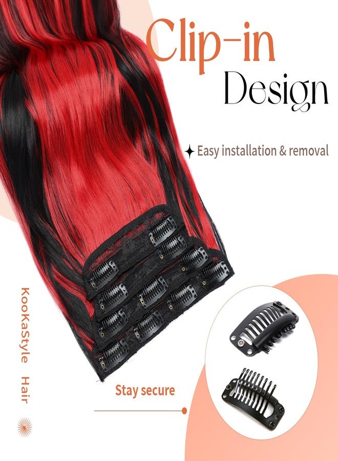 KooKaStyle Clip In Hair Extensions, Natural Long Layered Soft Invisible Synthetic Curly Wavy Hairpieces for Women, 4 pcs (20 Inch,Black Mix Red Highlights) - Image 3